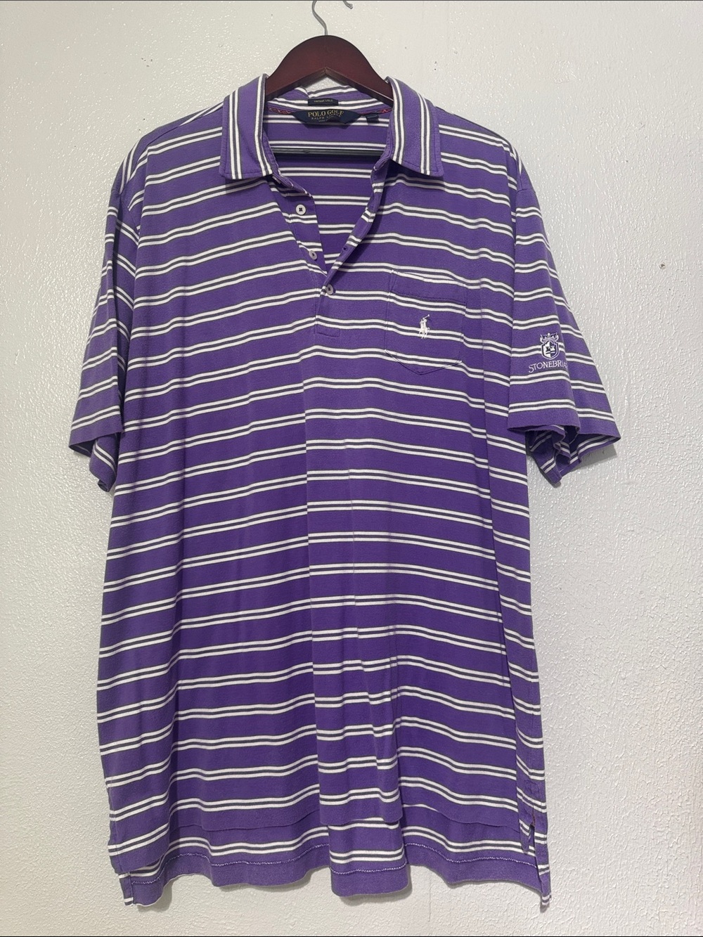 Polo Golf Ralph Lauren Vintage Lisle Striped Pocket Polo Shirt Purple White XXL